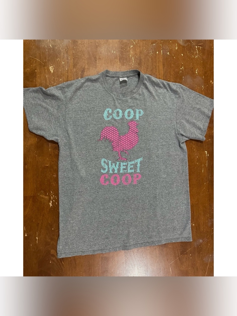 Delta Gray Tee with Pink Rooster and Teal Lettering - No Size Tags